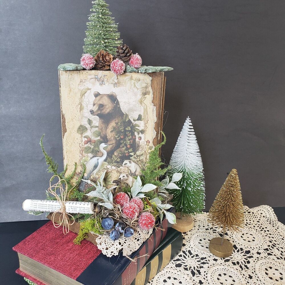 Beautiful Hand Crafted Woodland Christmas Assemblage Shelf Decor Bear Floral